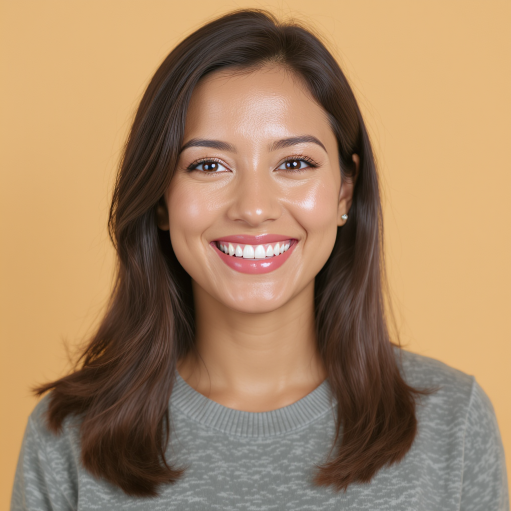 Portrait of satisfied female customer with glowing healthy skin smiling warmly